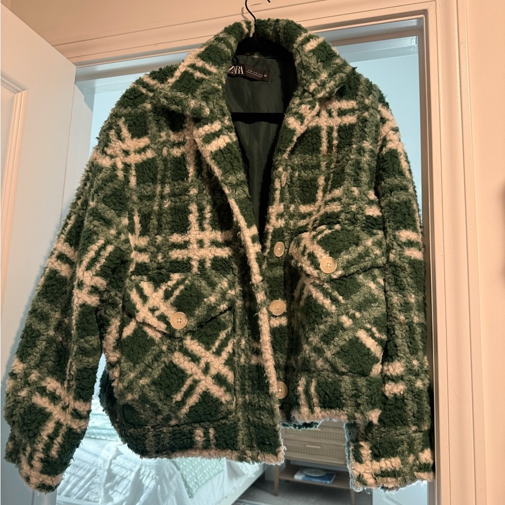 Zara Green and White Plaid Fuzzy Jacket